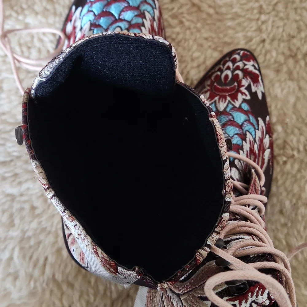 Fabulous NWOT Floral Tapestry Lace Up Cowgirl Western Boho Ankle Boots π’ π€π - Picture 14 of 16